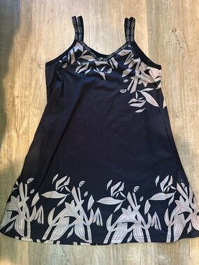Black Floral Slip Dress with Pale Beige/Tan Botanical Print